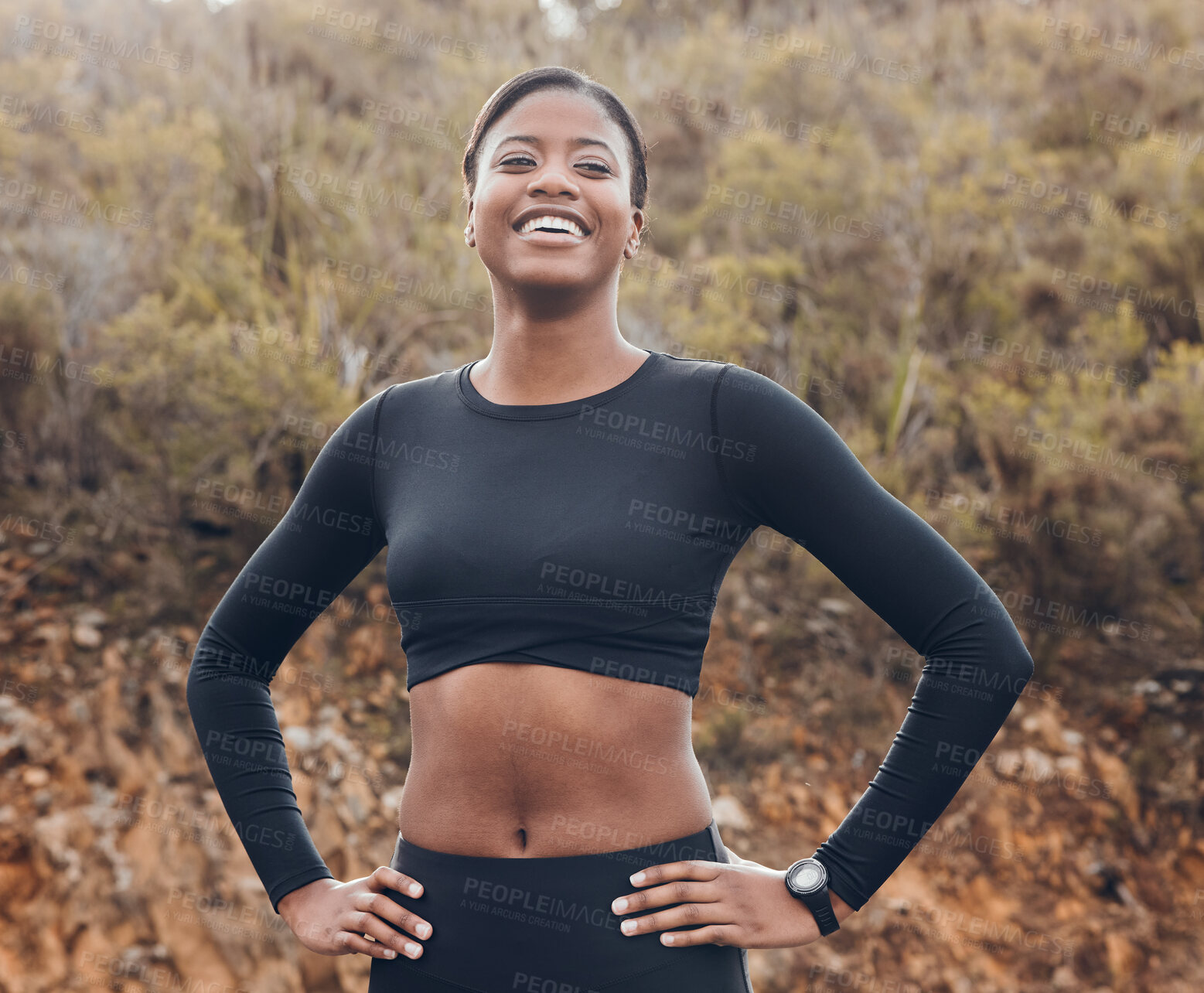 Buy stock photo Fitness, running and happy with portrait of black woman in nature for health, workout and challenge. Performance, sports and exercise with female runner training for speed, marathon and wellness