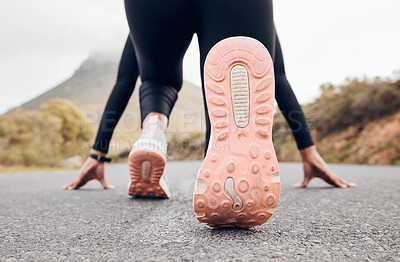 Buy stock photo Feet, person and running fitness for workout, training and exercise with sport and active in nature. Athlete sprint and road by a mountain outdoor ready to start a run for health and wellness. 