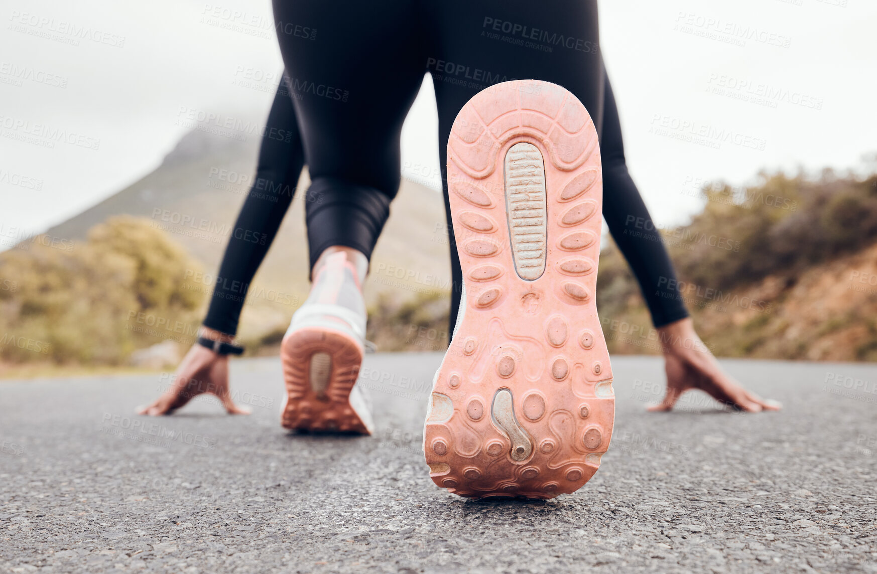 Buy stock photo Feet, person and running fitness for workout, training and exercise with sport and active in nature. Athlete sprint and road by a mountain outdoor ready to start a run for health and wellness. 