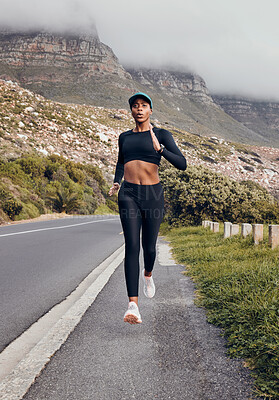 Buy stock photo Fitness, black woman running and mountain in forest background for exercise. Workout or health wellness, motivation and body of female athlete training run for marathon in nature with sportswear