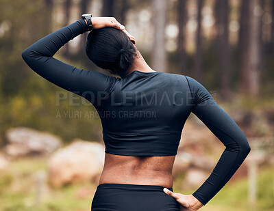 Buy stock photo Exercise, stretching neck and back of woman in nature for fitness, training and sports in forest. Healthy body, mountain and female person getting ready with warm up, cardio workout and wellness