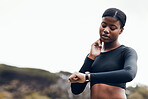 Woman, neck and heart rate for fitness, pulse and mockup space for outdoor running. Sports runner, black female athlete or check smart watch for healthy progress, exercise or monitor wellness of time