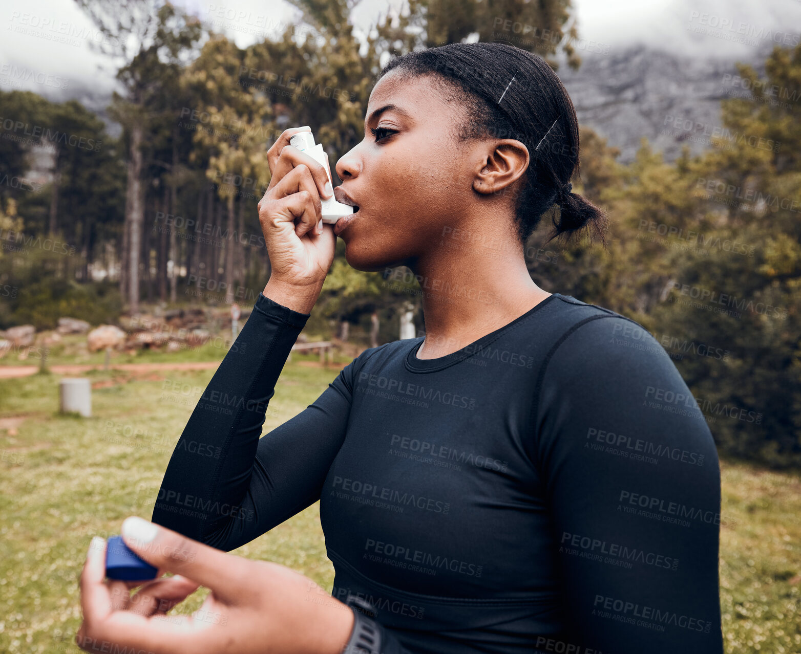 Buy stock photo Black woman, breathe or asthma pump outdoor in park for help with health risk, cough treatment and air for exercise. Female runner, spray and medicine inhaler in nature for lungs, oxygen and wellness