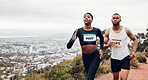 Running couple, mountain race and fitness with workout and training together for a marathon. Runner, young people and road on a exercise challenge outdoor with sport cardio performance in nature  