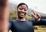 Fitness, black woman taking a selfie and in forest for workout with peace sign. Training or exercise, health wellness or motivation and happy female athlete with hand emoji for social media in woods