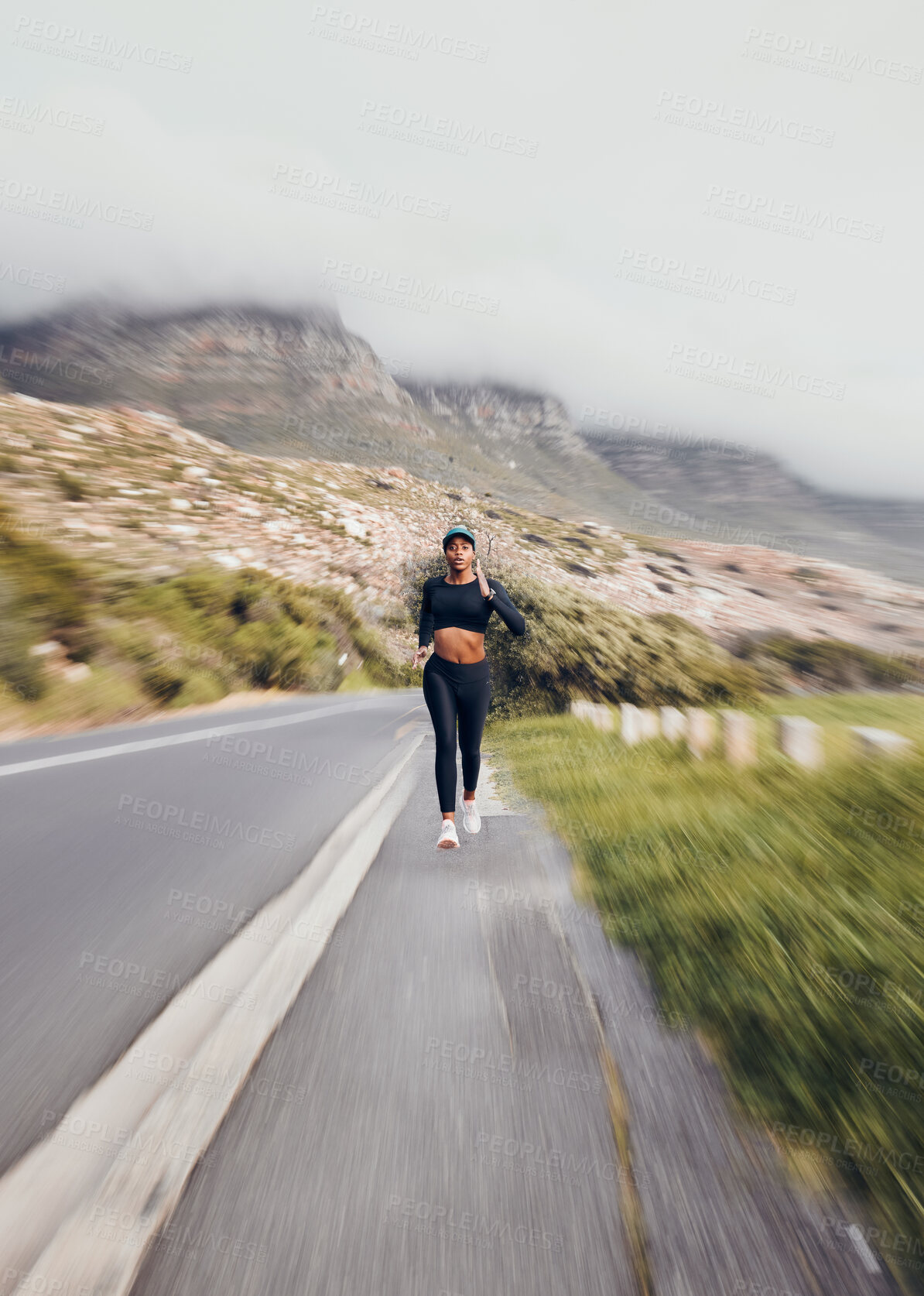 Buy stock photo Fitness, running and speed with black woman on mountain for health, workout and challenge. Performance, sports and exercise with female runner training in nature for cardio, marathon and wellness