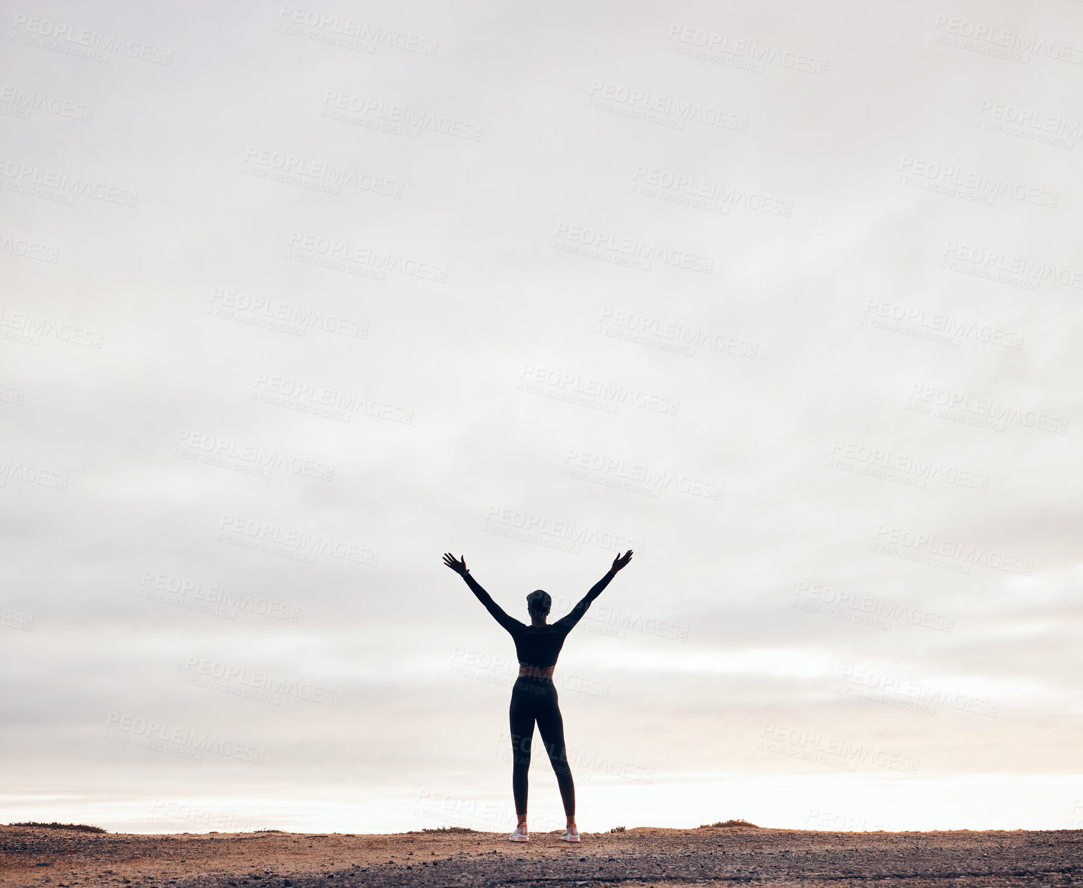 Buy stock photo Fitness, hands in air and back of woman with achievement, success and workout goals in nature. Sports, mockup space and happy female person with celebration for exercise, training and running target