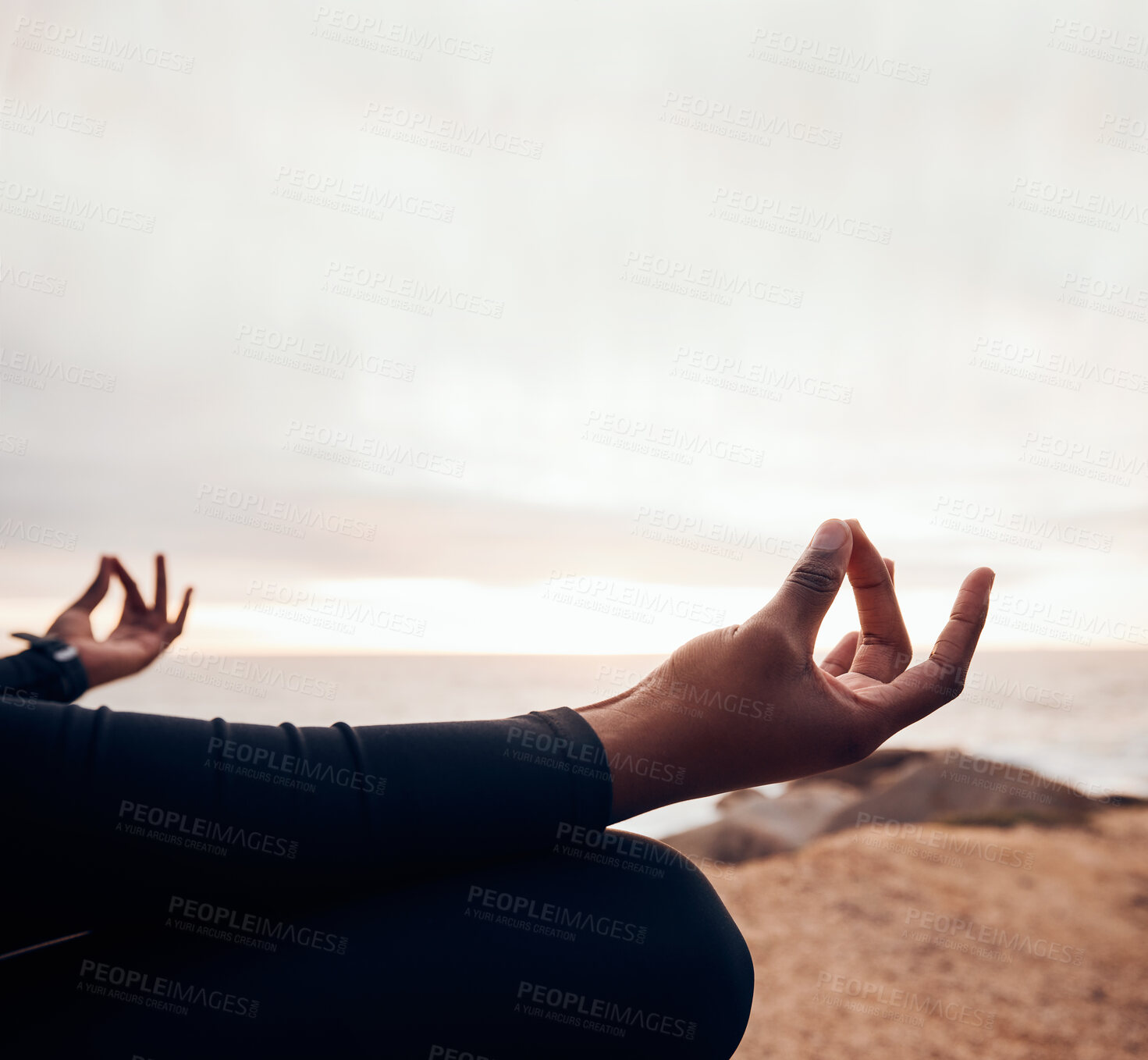 Buy stock photo Peace, hands of woman meditation and in sunset outdoors in nature for yoga exercise. Mockup space or workout, freedom or zen spiritual balance and female person with lotus for relaxation wellness