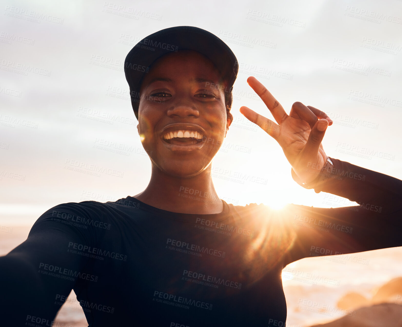 Buy stock photo Selfie, fitness and portrait of woman at sunrise in nature for exercise, marathon training and running. Sports, mockup and African female person with peace sign for warm up, workout and wellness