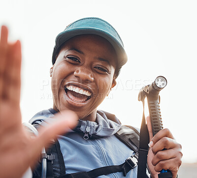 Buy stock photo Hiking, fitness and selfie portrait of black woman for exercise, cardio workout and adventure in nature. Sports, happy and female person trekking in forest for healthy body, wellness and freedom