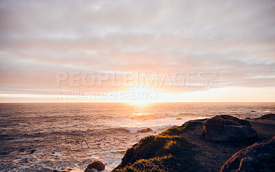 Buy stock photo Background, sunset and sea horizon in environment for peace, nature and tropical island for travel, vacation and mockup space. Empty ocean, clouds and water at beach, sky landscape or evening outdoor