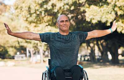 Buy stock photo Stretching, fitness and wheelchair user in park for workout, health and muscle relief. Man with a disability, training and wellness exercise with mature person in warm up, nature and sports challenge