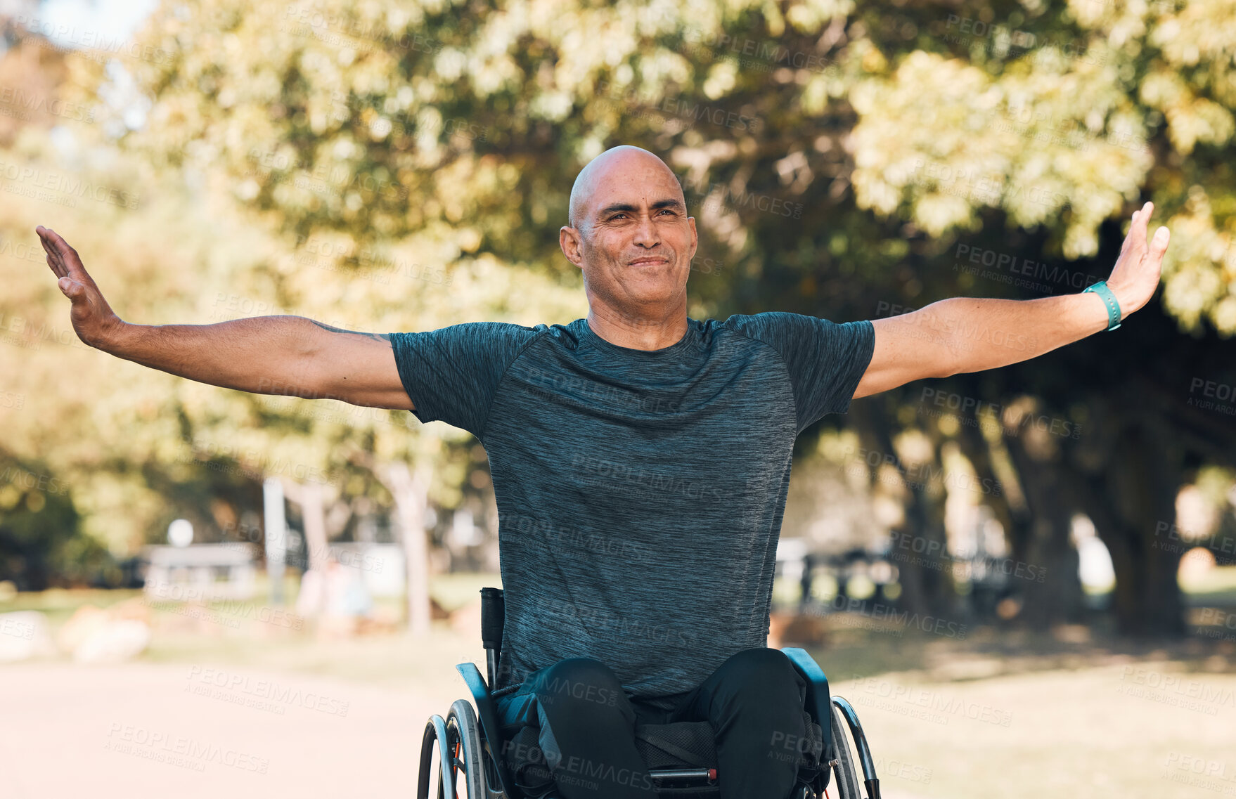 Buy stock photo Stretching, fitness and wheelchair user in park for workout, health and muscle relief. Man with a disability, training and wellness exercise with mature person in warm up, nature and sports challenge