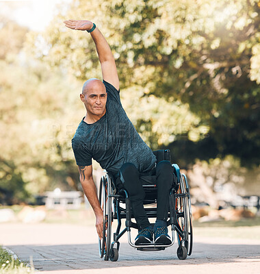 Buy stock photo Stretching, workout and man with a disability in park for fitness and health portrait. Warm up, wellness and exercise with wheelchair user training in nature for sports, challenge and performance