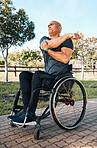 Stretching, health and wheelchair with man in park for disability, workout and fitness. Morning, wellness and exercise with disabled person and warm up in nature for sports, challenge and performance