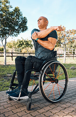 Buy stock photo Stretching, health and wheelchair user with man in park for training, workout and fitness. Warm up, wellness and exercise with person with a disability in nature for sports, challenge and performance