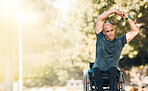 Stretching, morning and wheelchair with man in park for disability, workout and health. Fitness, wellness and exercise with disabled person and warm up in nature for sports, challenge and performance