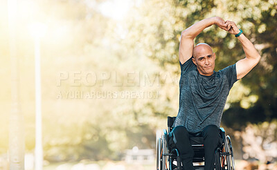 Buy stock photo Stretching, start and wheelchair user man in park for training, workout or health portrait. Fitness, wellness and exercise person with a disability in nature for sports, challenge and mockup space