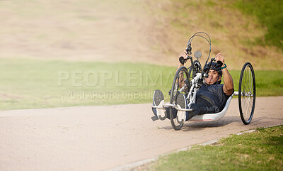 Buy stock photo Cycling, nature and speed, man with disability training for competition with motivation and exercise on bike. Motion, workout and person on fast recumbent bicycle for outdoor race, space and mockup.