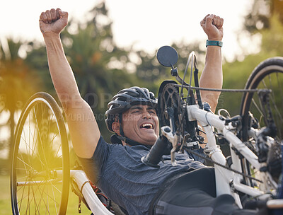 Buy stock photo Winner, athlete and a man with a disability and bike for handicap for race, fitness and recumbent challenge. Exercise, achievement and a handbike of paraplegic sports person at competition for cardio