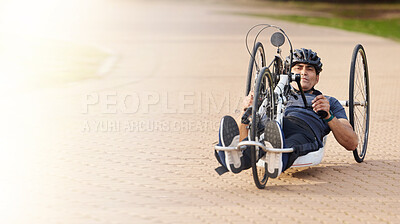 Buy stock photo Man with disability, handbike and outdoor bicycle for sports, race or exercise power with flare of mockup space. Fitness, male athlete with paraplegia and cycling in competition, challenge or contest