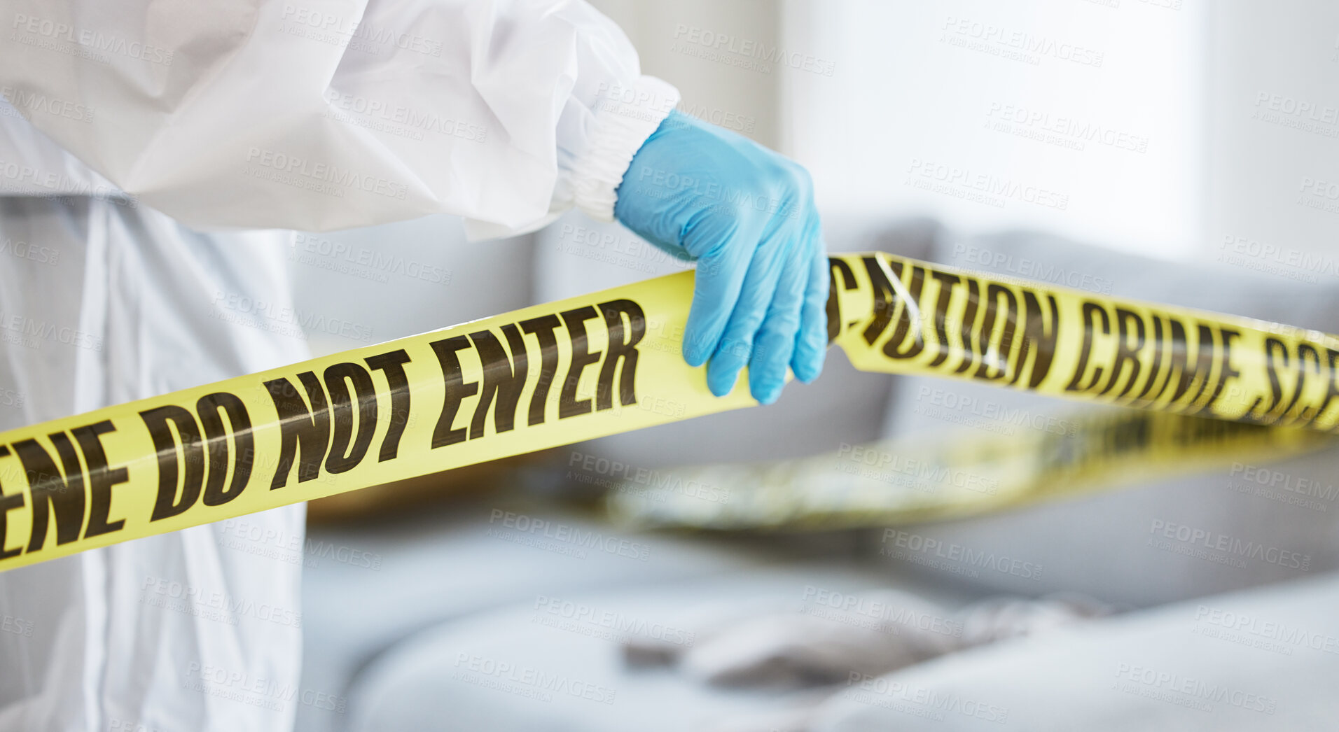 Buy stock photo Forensics, crime scene and tape with investigator hand in house lounge for investigation, research or safety. Medical, science and evidence with closeup of person for examination, police and security