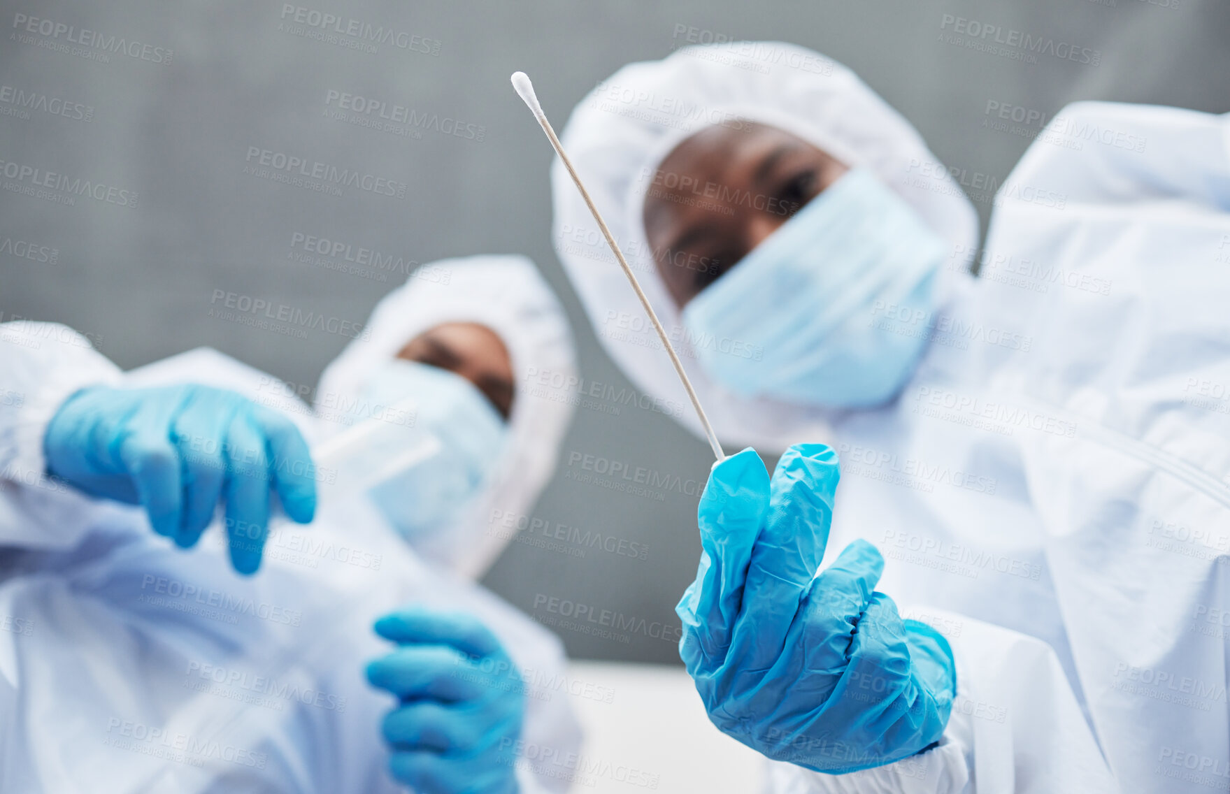 Buy stock photo Science, csi and evidence with people during a medical investigation closeup from below as a team. Collaboration, analysis and forensic with professional samples at a crime scene to collect a sample