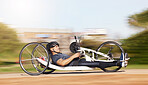 Cycling, disability and speed with man and bike with handicap for training, sports and challenge. Exercise, workout and wheelchair with disabled person training in park for cardio and health