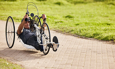 Buy stock photo Sports, fitness and man with disability on bike, training for competition with motivation and cycling exercise. Path, cycle workout and person on recumbent bicycle for outdoor race track challenge.