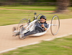 Fast, disability and fitness with man and bike with handicap for training, sports and challenge. Exercise, workout and wheelchair with disabled person cycling in park for cardio, wellness and health