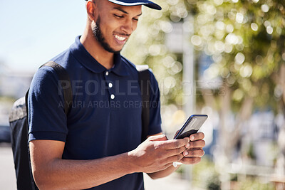 Buy stock photo Technology, man with smartphone and in city streets for social media. Online communication or connectivity, texting conversation or happy and male person with cellphone for networking outdoors