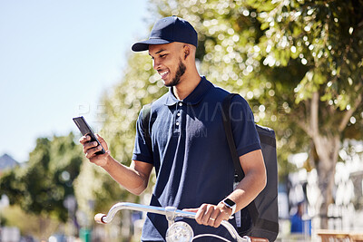 City travel, phone or happy man reading, typing or check online news, bicycle route or article on morning commute. Sustainable bike transportation, mobile app or urban student smile for gps direction