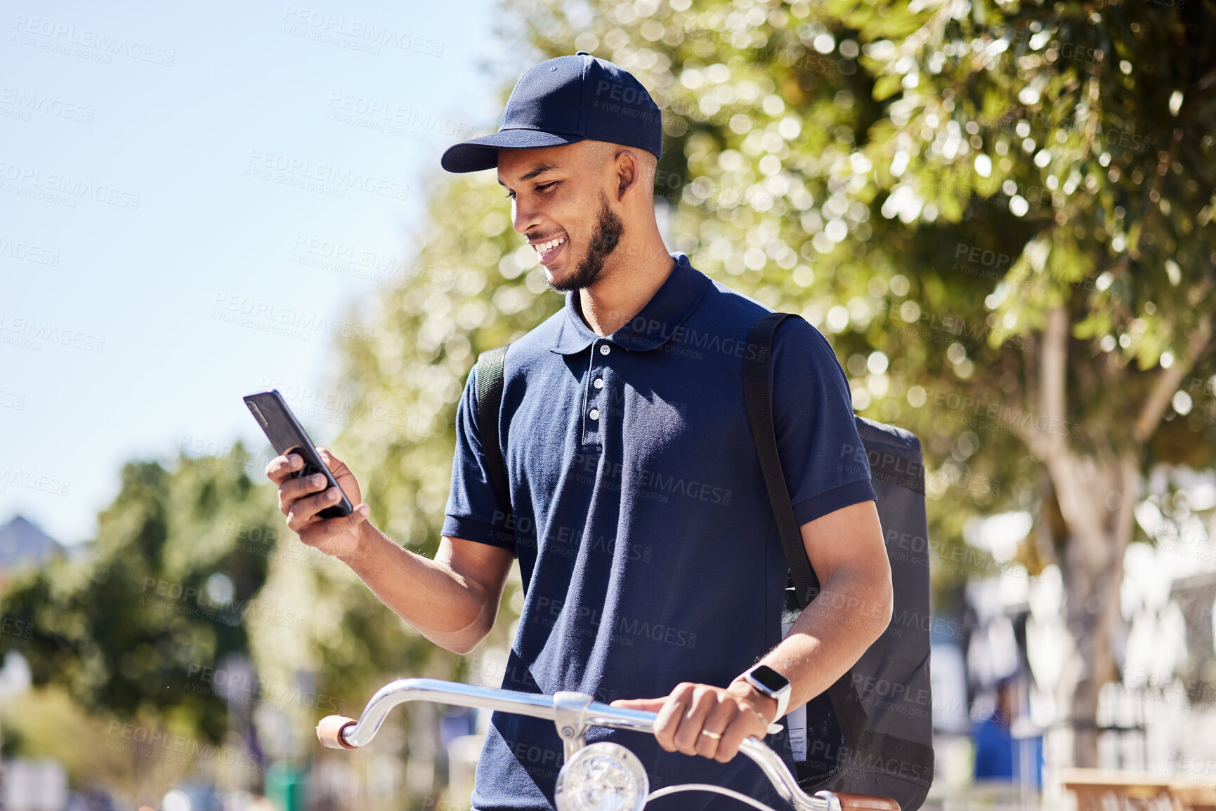 Buy stock photo City travel, phone or happy man, delivery and courier check destination, map or location on bicycle route. Sustainable bike transportation, mobile shipping app and person smile for outdoor direction