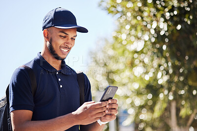 Buy stock photo Technology, man with smartphone and in city streets for connectivity. Online communication or social media, texting networking or happy and male person with cellphone for conversation outdoors