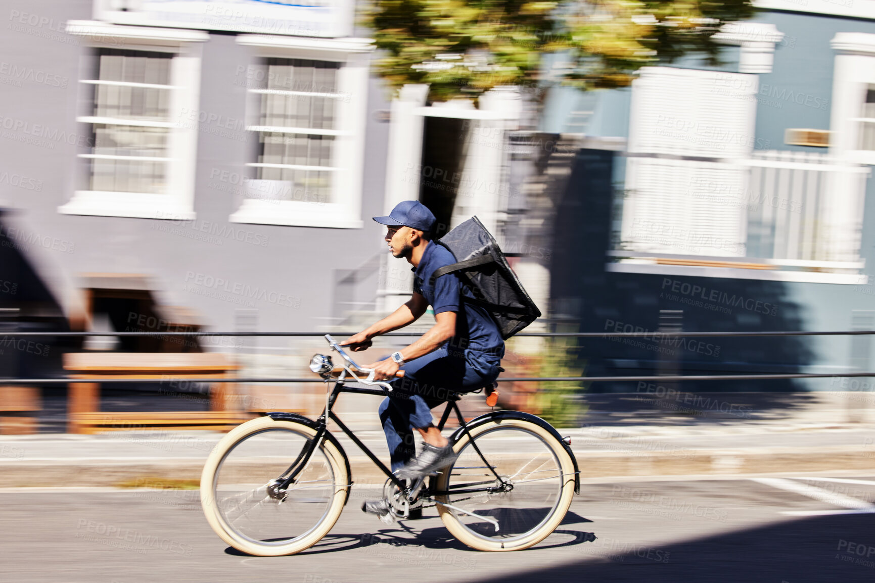 Buy stock photo Transportation, delivery on bicycle with parcel and city street for distribution service. Eco friendly transport or logistics, cycling courier and male person with package for shipping in road