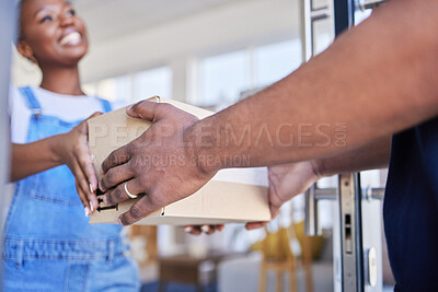 Buy stock photo Ecommerce, woman with delivery man and package at her home for courier transportation. Online shopping or logistics, supply chain or distribution and African female person receive parcel or product