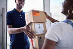 Ecommerce, delivery man with package boxes and woman at her front door for logistics. Distribution or online shopping, courier supply chain or shipping and happy man with cardboard parcel packaging