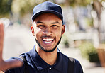 Delivery, selfie and portrait of a man in the city while doing courier work with transport. Happy, smile and headshot of a male ecommerce worker taking a picture while dropping a package in town.