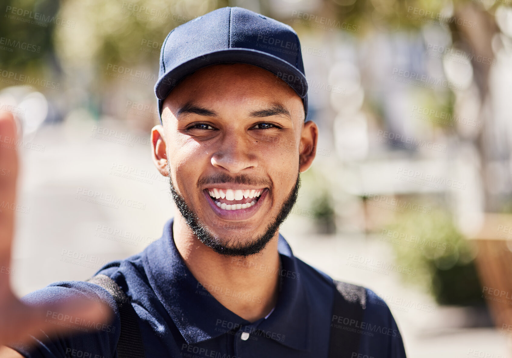 Buy stock photo Delivery, selfie and portrait of a man in the city while doing courier work with transport. Happy, smile and headshot of a male ecommerce worker taking a picture while dropping a package in town.