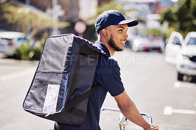 Buy stock photo Man, bicycle and delivery in city with bag of logistics, distribution service and fast food order. Courier, eco friendly transport or deliveryman travel on bike with ecommerce product in urban street