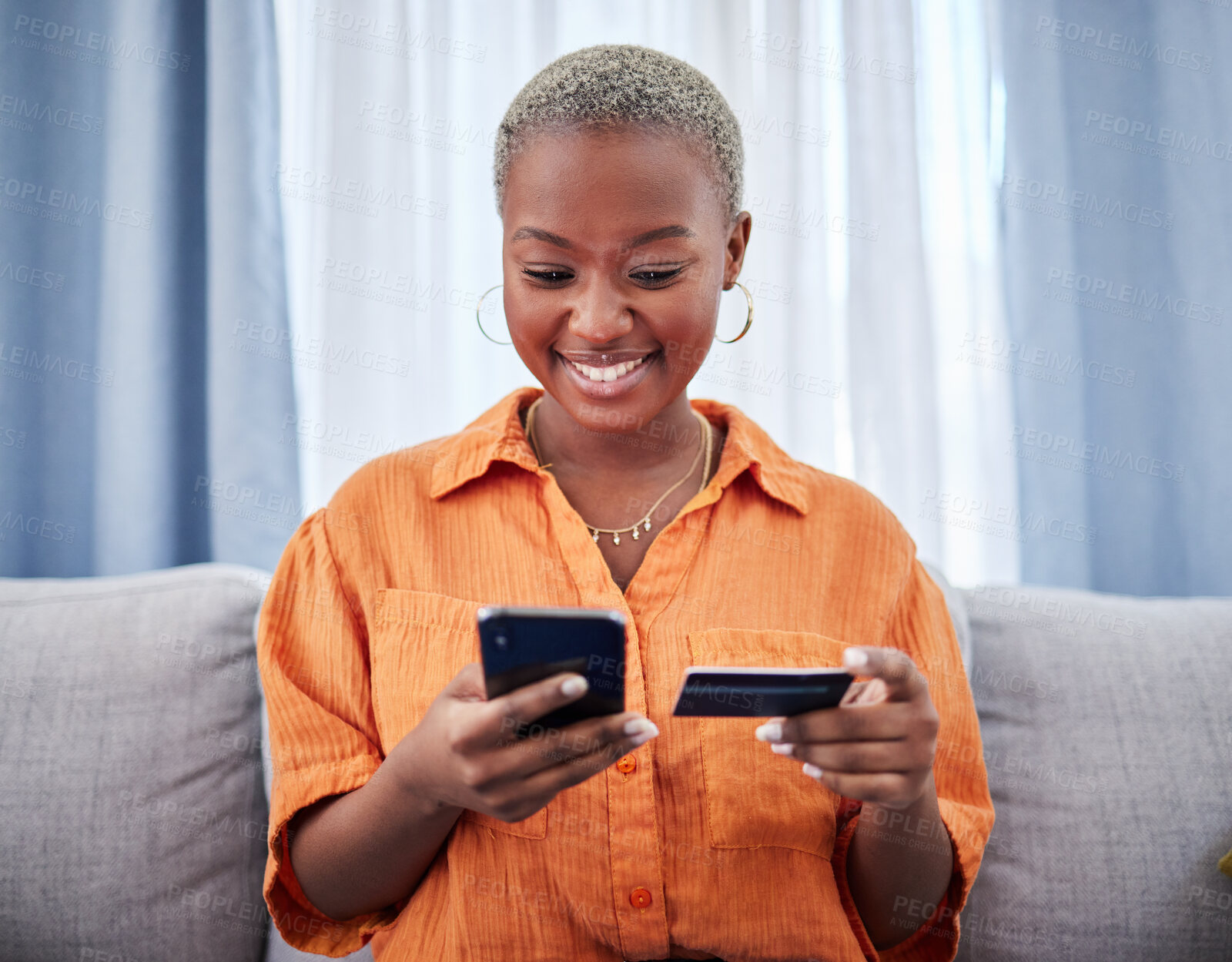 Buy stock photo Home, phone or happy black woman with credit card or phone on payment on internet website or fintech. Online shopping, finance or excited African girl typing in money transfer via mobile banking 