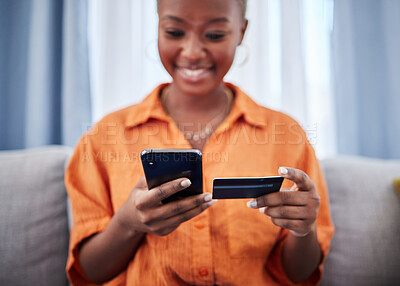 Buy stock photo Online shopping, phone or happy black woman with credit card on payment on internet website or fintech. Smile, finance blur or excited African girl typing in money transfer via digital mobile banking