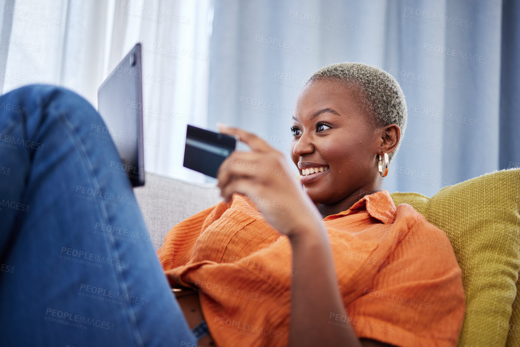 Buy stock photo Credit card, excited or black woman with tablet for payment on ecommerce website for investment at home. Happy, financial or African girl customer online shopping with money on internet or fintech