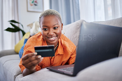 Buy stock photo Laptop, relax or happy woman online shopping with credit card for digital product with discount code. Smile, promo or black girl with financial payment to buy on sale on fintech application at home