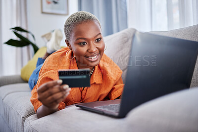 Buy stock photo Laptop, relax or black woman online shopping with credit card for digital product with discount code. Smile, promo or happy girl with financial payment to buy on sale on fintech application at home