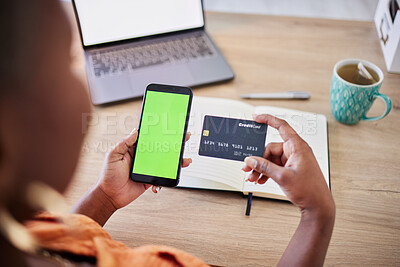 Buy stock photo Phone, green screen or hands of woman with credit card on ui mockup space display for financial payment. Remote work, house or copywriter typing banking info on mobile app or fintech website online