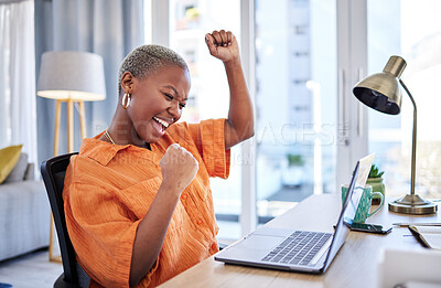 Buy stock photo Businesswoman, laptop or winner with fist pump for winning, success or promotion bonus in home office. Happy black woman trader trading or cheering with prize, goal target or good news in remote work