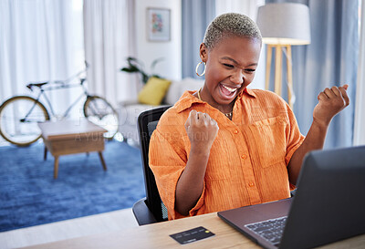 Buy stock photo Credit card, laptop or excited black woman winning with success, goal or discount bonus online in home office. Happy trader trading or cheering for banking prize, goal target or good news in finance