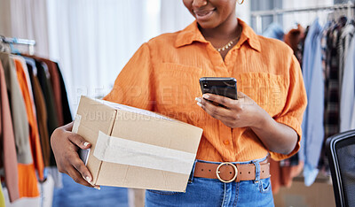 Buy stock photo Phone, hands or woman with box for delivery, shipping post or package in ecommerce logistics office. Online sale, stock or business owner with product label or store order for cargo courier service 