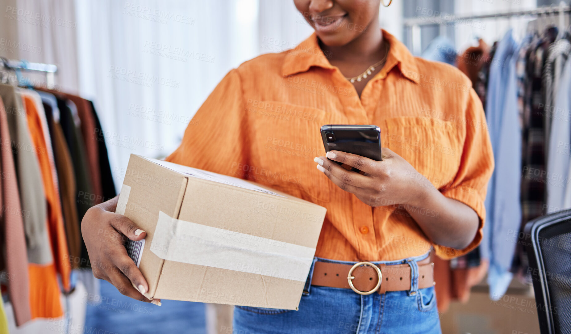 Buy stock photo Phone, hands or woman with box for delivery, shipping post or package in ecommerce logistics office. Online sale, stock or business owner with product label or store order for cargo courier service 